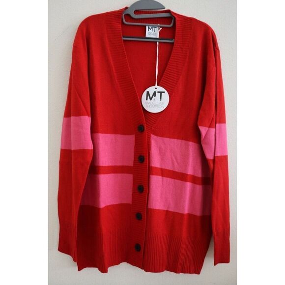 Madeleine Thompson Women's Sz S Red & Pink Striped Del Ray Cardigan Sweater - Picture 1 of 7